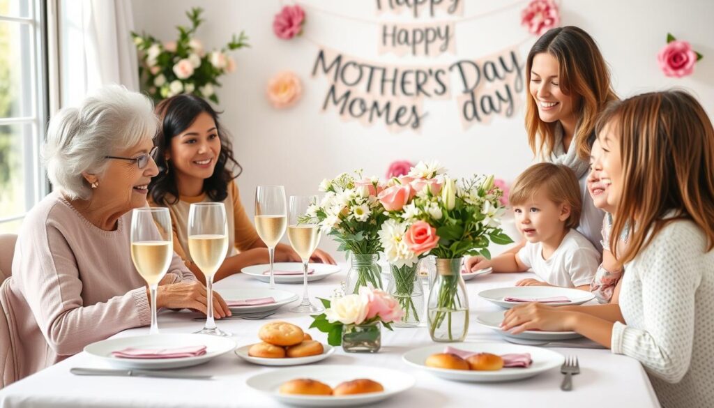 Family gathered around a beautifully set brunch table with flowers and Mother's Day decorations