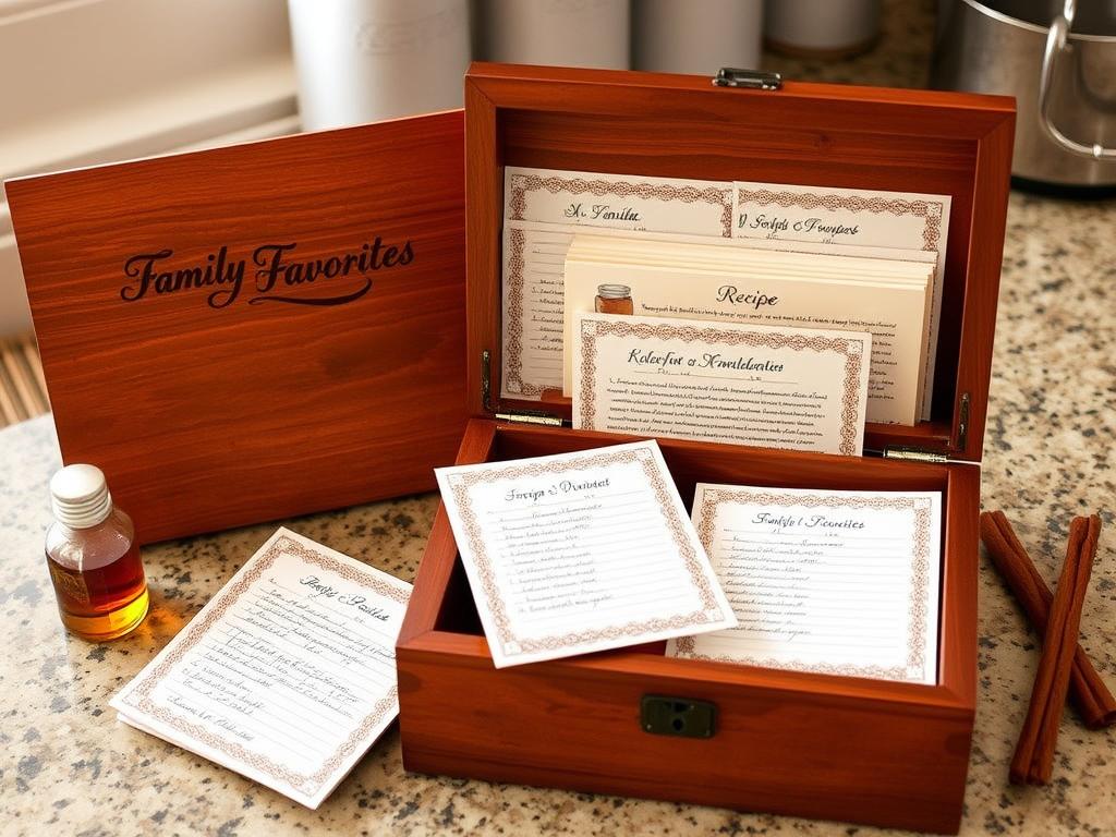 Handcrafted recipe card box with decorated recipe cards for Mother's Day 2025 Handcrafted recipe card box with decorated recipe cards for Mother's Day 2025