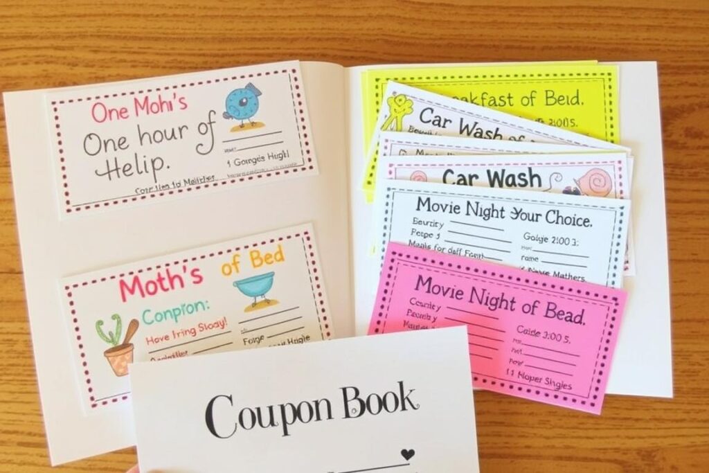 Handmade Mother's Day coupon book with colorful pages for different services and treats Handmade Mother's Day coupon book with colorful pages for different services and treats