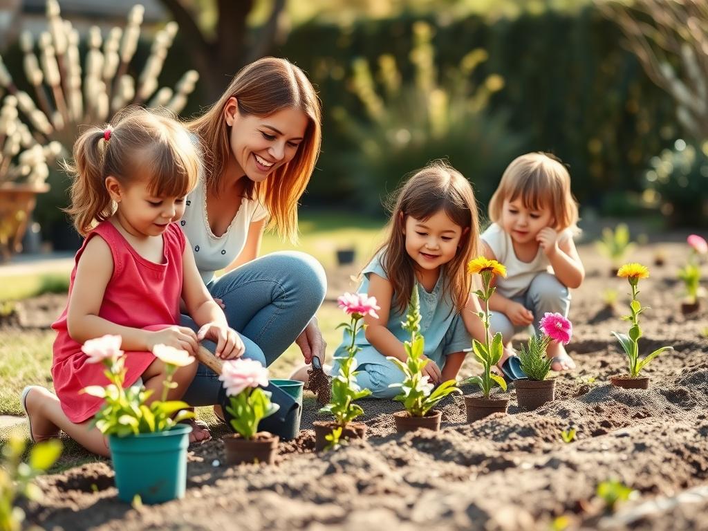 Mother and children planting flowers together in a garden for Mother's Day 2025 Mother and children planting flowers together in a garden for Mother's Day 2025