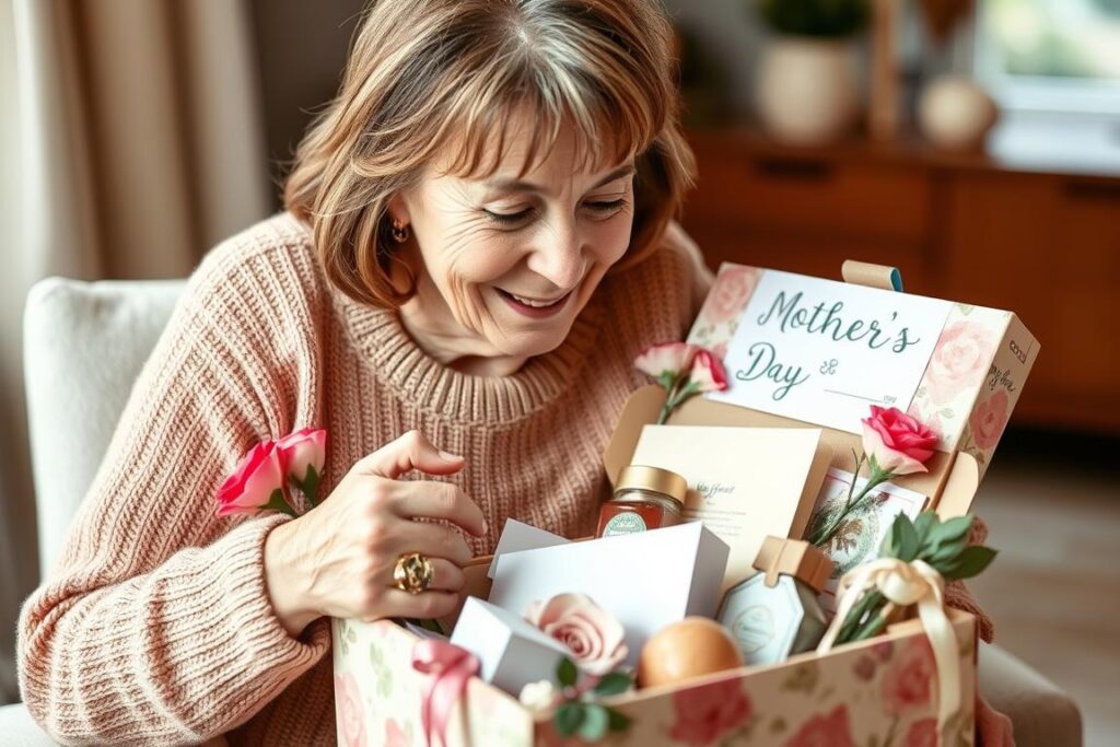 Mother opening a surprise care package with Mother's Day gifts and treats Mother opening a surprise care package with Mother's Day gifts and treats