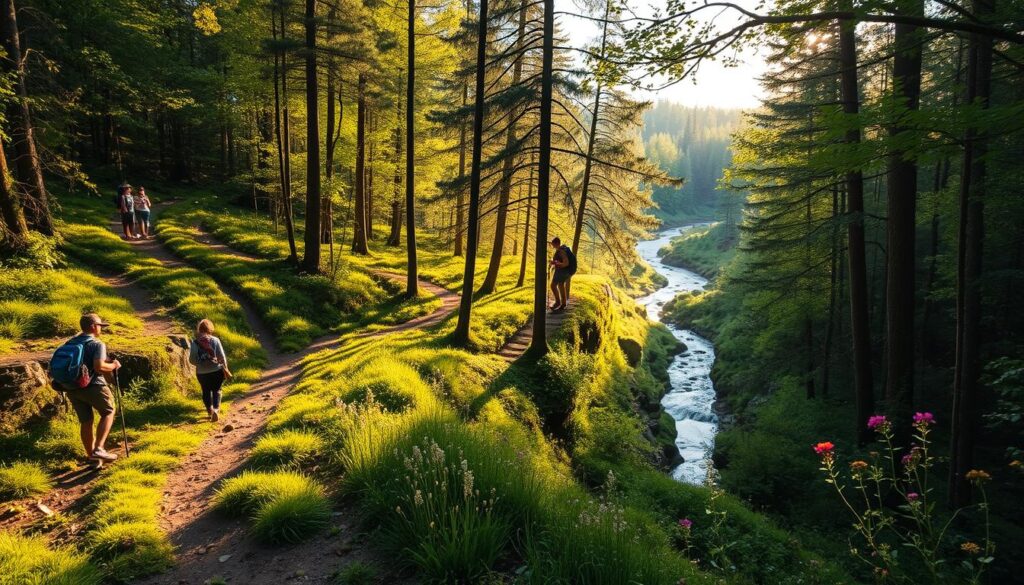 Verdant landscape on a sun-dappled National Trails Day, a celebration of nature's wonders. Hikers and trekkers amble along a winding path, flanked by lush greenery and towering trees. Streams glimmer in the distance, inviting exploration. Wildflowers dot the scene, their vibrant hues adding pops of color. Warm, golden light filters through the canopy, casting a serene glow over the serene setting. Capture the joy of connecting with the great outdoors, the tranquility of stepping off the beaten path, and the camaraderie of shared appreciation for the natural world.